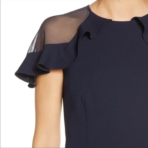 Eliza J Ruffle Shoulder Cocktail Dress Navy Scuba Crepe Wedding Evening Party - Picture 4 of 14